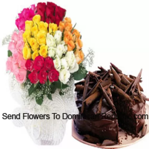 Groupe de 15, orange, 15 blanches, 15 jaunes, 15 rouges, 15 roses claires et 15 roses foncées avec des garnitures de saison accompagnées d'un gâteau au chocolat de 1 kg