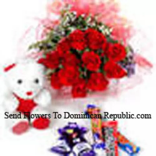 Bouquet de 12 roses rouges avec chocolats assortis et un mignon ours en peluche