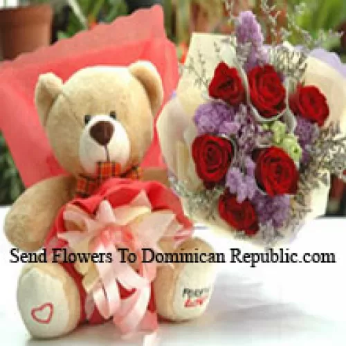 Bouquet de 6 roses rouges et une peluche mignonne de taille moyenne