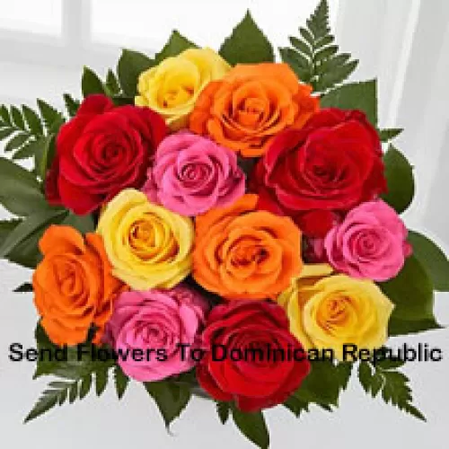 Bouquet de 12 roses de couleurs mélangées