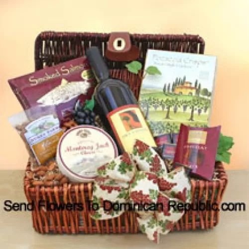 This Gift basket includes a hearty red  wine along with tasty smoked salmon, creamy cheese, focaccia crisps, almonds, and chocolate squares. (Contents of basket including wine may vary by season and delivery location. In case of unavailability of a certain product we will substitute the same with a product of equal or higher value)