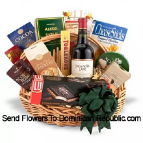 This Gift Basket includes a bottle of red wine accompanied by a wonderful assortment of gourmet foods. The gourmet foods include Variety of crackers, Delicious cheese, Nuts, Confections, Savory Snacks and Tea or Coffee. (Contents of basket including wine may vary by season and delivery location. In case of unavailability of a certain product we will substitute the same with a product of equal or higher value)