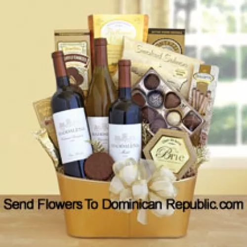 This Gift Basket Includes three bottles of delectable wine – a Cabernet Sauvignon, a Chardonnay and a rich Merlot. The feast continues with smoked salmon, Primo Dolce truffle cookies, Ghirardelli Masterpiece chocolates, brie cheese, flatbread crisps, Dolcetto cookies and Almond Roca. (Contents of basket including wine may vary by season and delivery location. In case of unavailability of a certain product we will substitute the same with a product of equal or higher value)