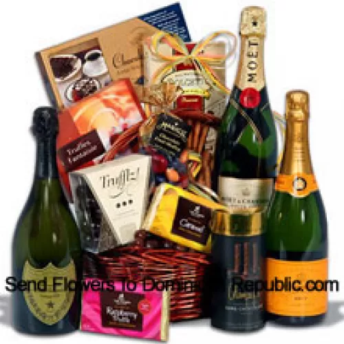 This Father's Day Gift Basket Includes Moet & Chandon White Star Champagne - 750 ml, Veuve Clicquot Ponsardin Yellow Label - 750 ml, Dom Perignon - 750 ml, Champagne Trufflz by Marich, Toasted Almond Chocolate Lace by Hauser Chocolatier, Dark Raspberry Truffle Bar by Lake Champlain Chocolates,  Milk Caramel Truffle Bar by Lake Champlain, Truffles Fantaisie by Guyaux Chocolatier, Champagne Sticks by Sweet Candy, Chocolate Fruit Medley in Colored Shells by Marich And Chocolate Wafer Rolls by Dolcetto. (Contents of basket including wine may vary by season and delivery location. In case of unavailability of a certain product we will substitute the same with a product of equal or higher value)