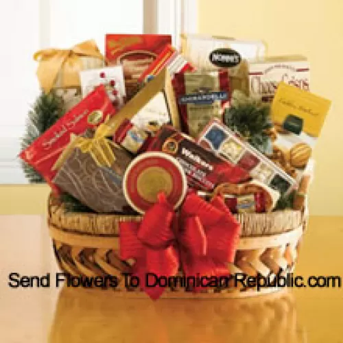 This special Gourmet Gift Basket comes packed with a sweet and savory selection of gourmet snacks that are all ready to eat and be enjoyed. He will be pleased with the great selection inside: pesto havarti cheese, smoked salmon, caviar, English tea cookies, shortbread cookies, Ghirardelli chocolates, biscotti, toffee almonds, Ghirardelli squares, Jelly Belly jelly beans, chocolate cheese sticks, chocolate caramel cookies and peppermint popcorn. (Please Note That We Reserve The Right To Substitute Any Product With A Suitable Product Of Equal Value In Case Of Non-Availability Of A Certain Product)