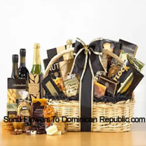 Designed to create a grand impression, our delightful willow basket sports an elegant black and gold color scheme. The basket is filled with a superior selection of gourmet goodies - Honey Mustard Pretzels, Cheese Lover's Pub Mix, Fancy Water Crackers, Smoked Salmon, All Natural Sharp Cheddar, Dutch Gouda Cheese Biscuits, Deluxe Mixed Nuts, Pistachio Pralines, Swedish Oat Crisps, Belgian Chocolate Petites, Godiva Dark Chocolate Almonds, Raspberry Chocolate Espresso Cake, House Blend Coffee, Sisters Classic Breakfast Tea and a bottle of non-alcoholic Sparkling Apple Cider. (Please Note That We Reserve The Right To Substitute Any Product With A Suitable Product Of Equal Value In Case Of Non-Availability Of A Certain Product)