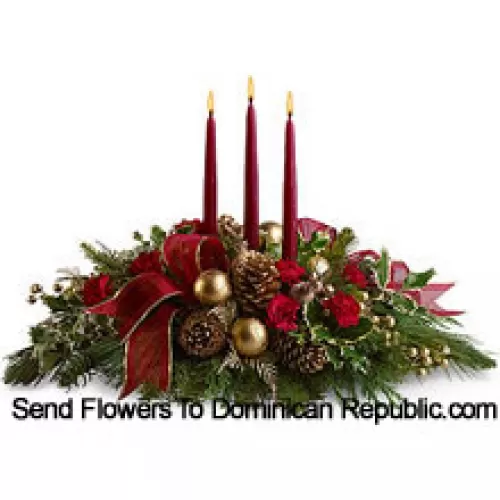 Red miniature carnations, pinecones, golden ornament balls, faux berries and assorted fresh evergreens  accented with a wired ribbon are arranged in a low dish with three red taper candles. (Please Note That We Reserve The Right To Substitute Any Product With A Suitable Product Of Equal Value In Case Of Non-Availability Of A Certain Product)